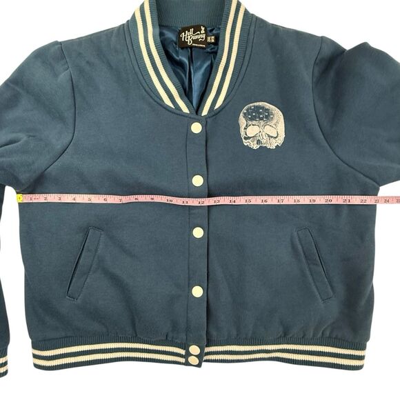 Hell Bunny Wake Up Skull Bomber Jacket 2XL 14 US Blue Goth Rockabilly Retro - Picture 10 of 12